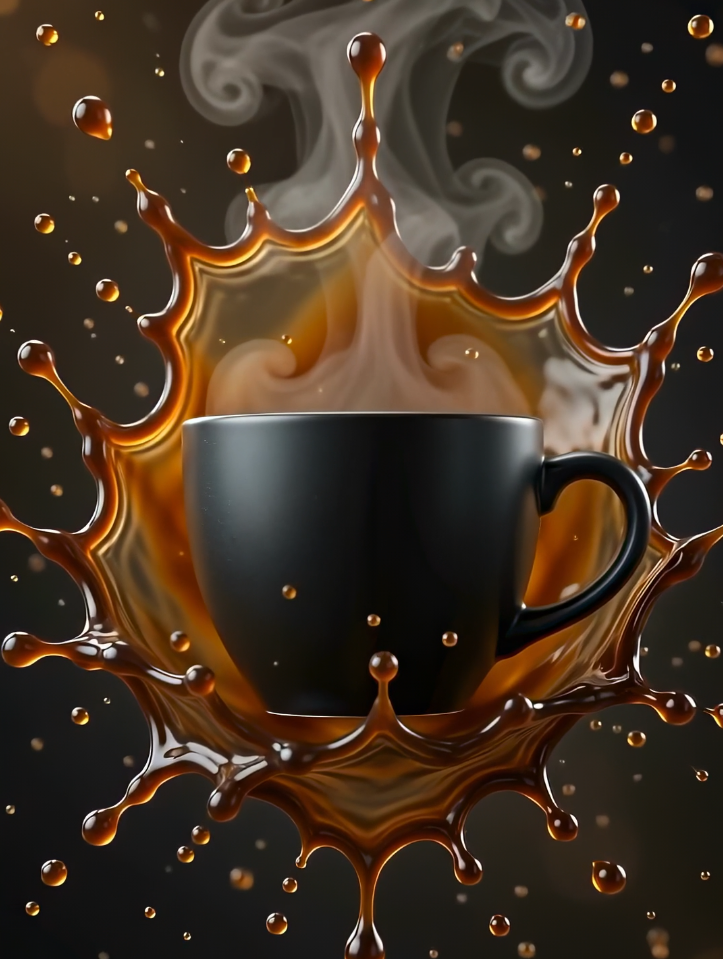Premium coffee product advertising visual with cinematic splash photography