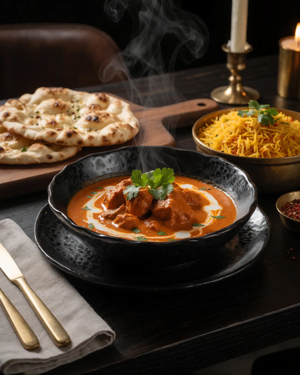 Traditional Indian meal styled for a restaurant marketing campaign.