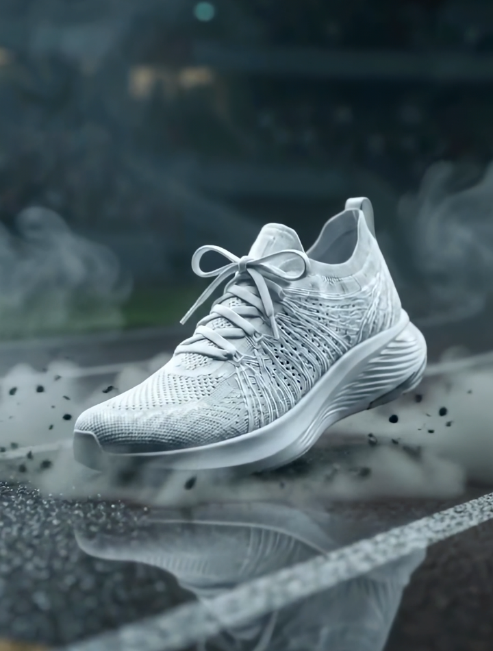 Premium running shoe advertising visual with cinematic product photography
