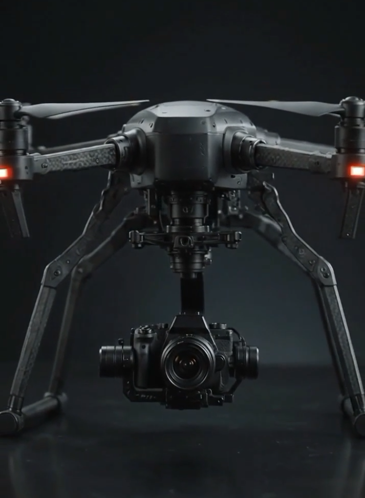 A black quadcopter drone with a mounted camera on a gimbal, shown against a dark background with its red indicator lights illuminated.
