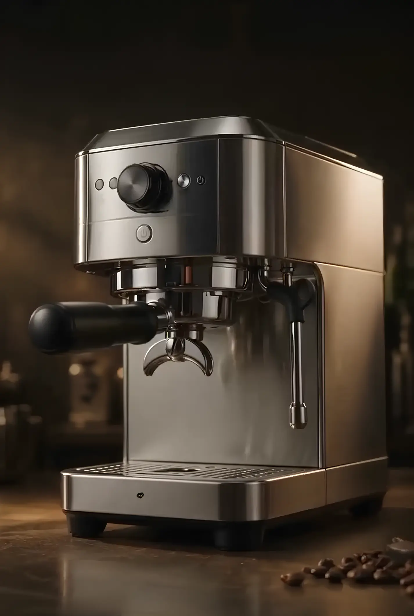 espresso machine with stainless steel body and coffee beans on a dark cinematic background.